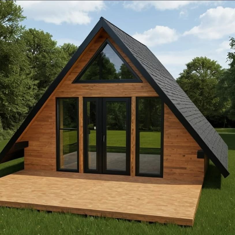 Drvena A-Frame kuća sa terasom okružena zelenilom